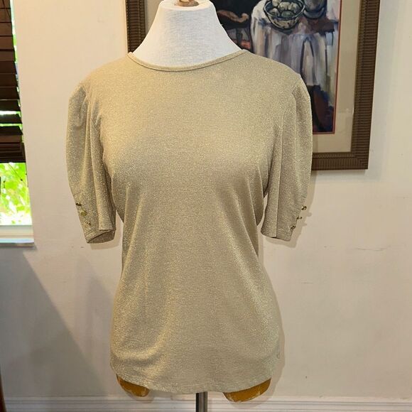 Liz Claiborne Gold Shimmer Puff Sleeve Top w/ Button Embellishments Size Medium - Picture 4 of 11